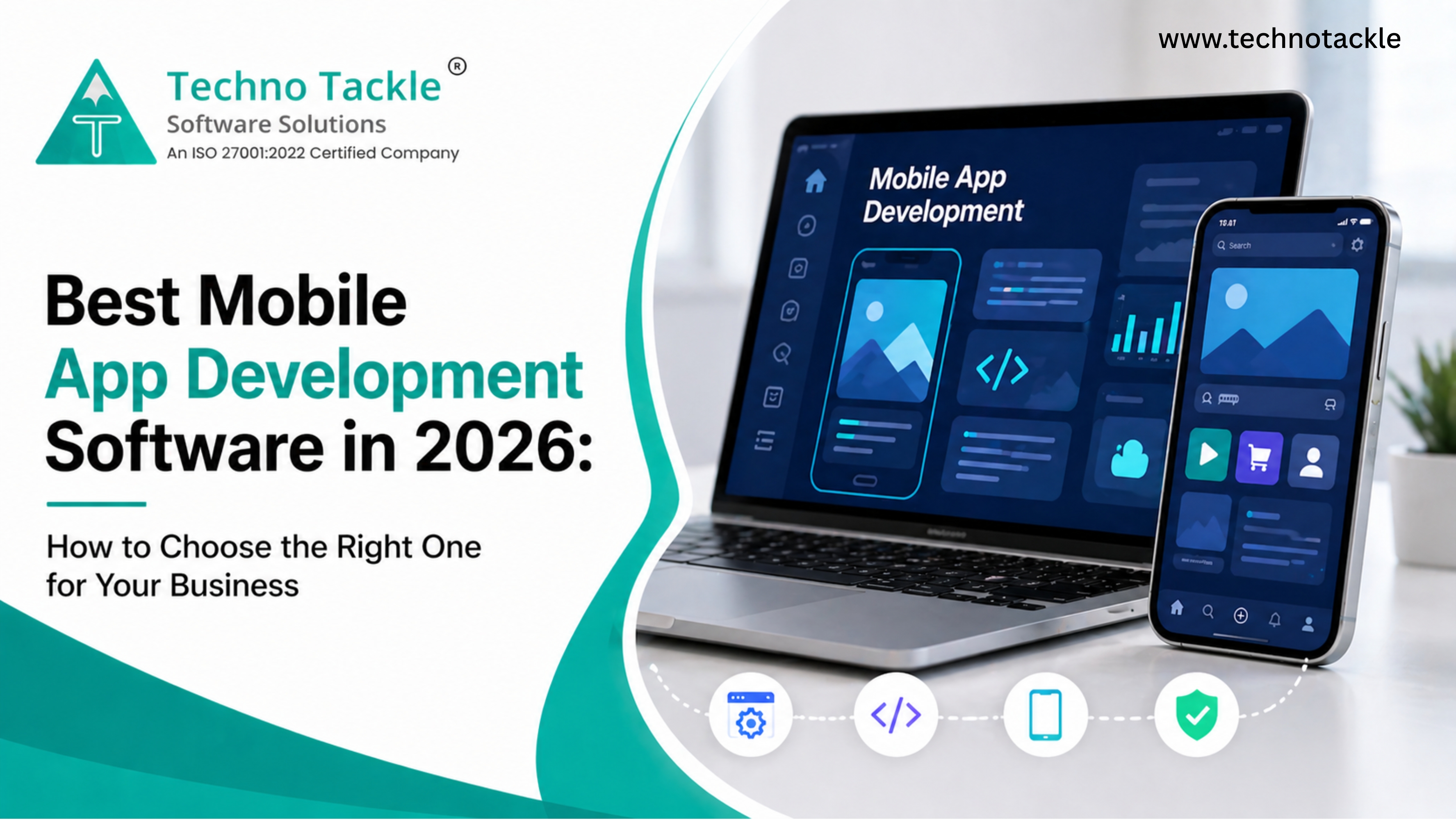 Laptop and smartphone displaying mobile app development interface and UI design elements