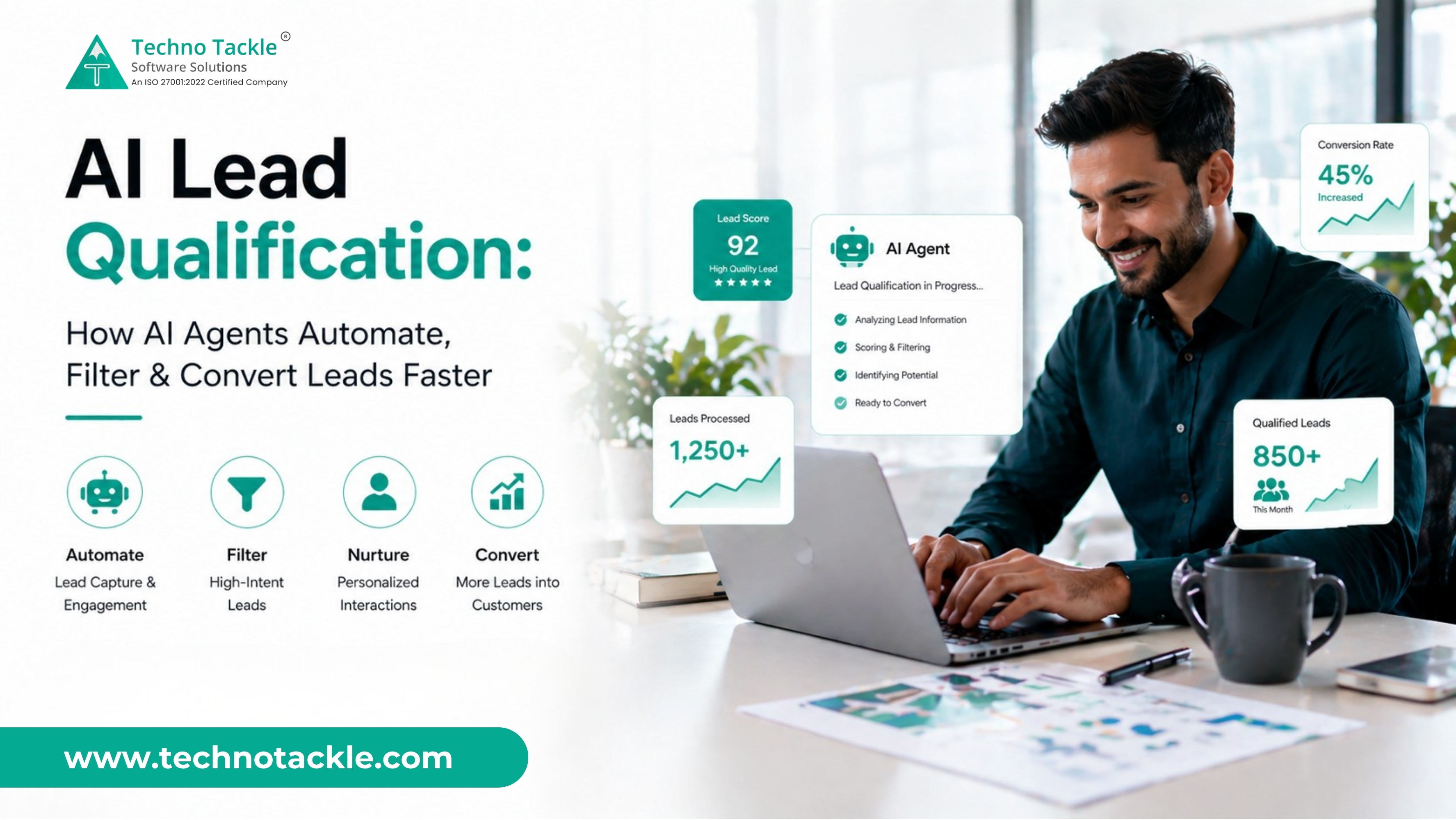 Professional working on a laptop with AI lead qualification dashboard, showing automated lead scoring, filtering, and conversion insights for faster B2B lead generation.