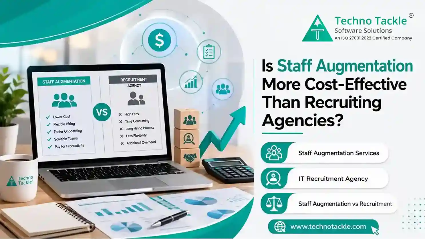 Cost comparison chart showing staff augmentation services versus IT recruitment agency fees and hiring timelines